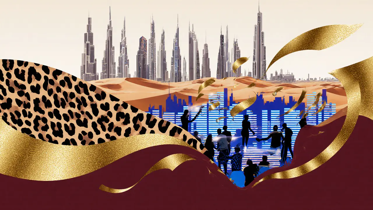 Surreal fusion of Cavalli prints and Dubai skyline, glowing with gold and electric tones.