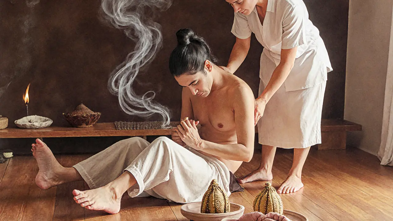 Thai massage therapist stretching a client using hands and feet in a traditional setting.