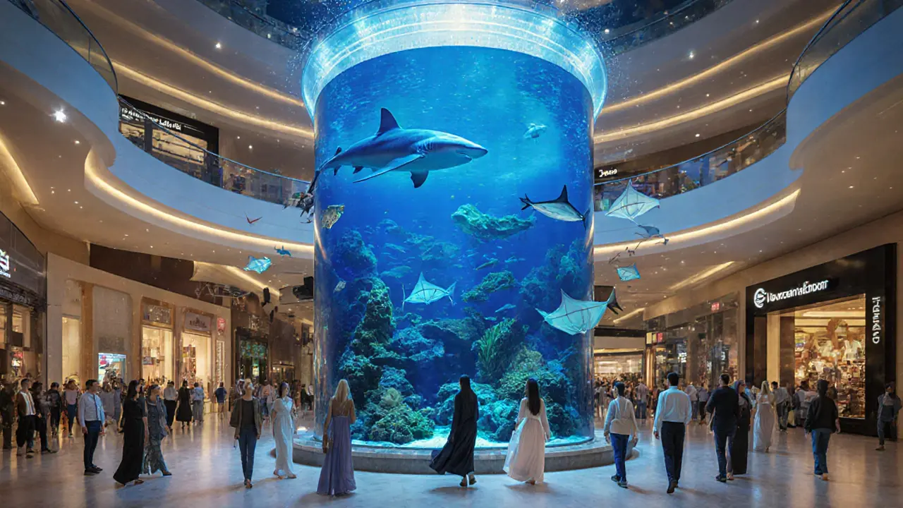 The Dubai Aquarium suspended in the middle of a luxury mall, with shoppers pausing to watch marine life swim above.