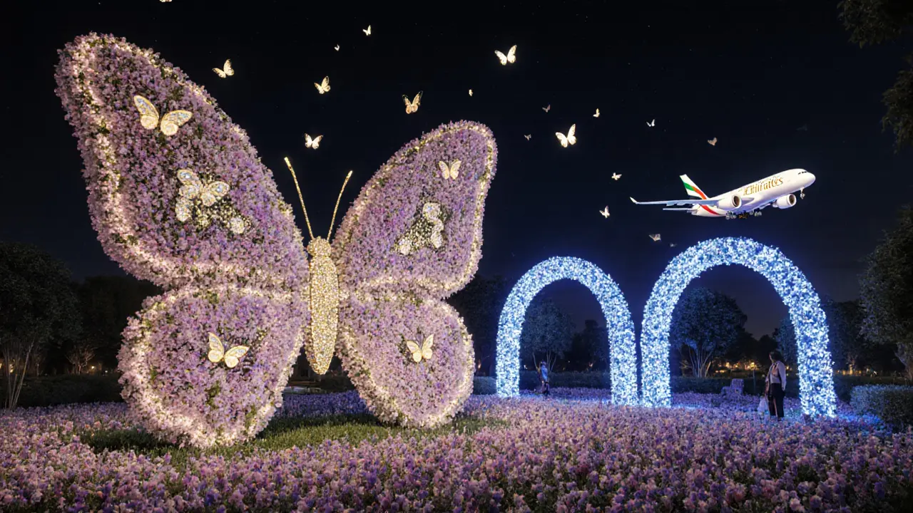 The Dubai Miracle Garden at night, illuminated by solar-powered lights, with floral structures glowing like a magical dreamscape.