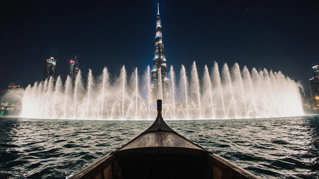 Traditional dhow boat surrounded by glowing water jets from the Dubai Fountain, Burj Khalifa reflected in the water.