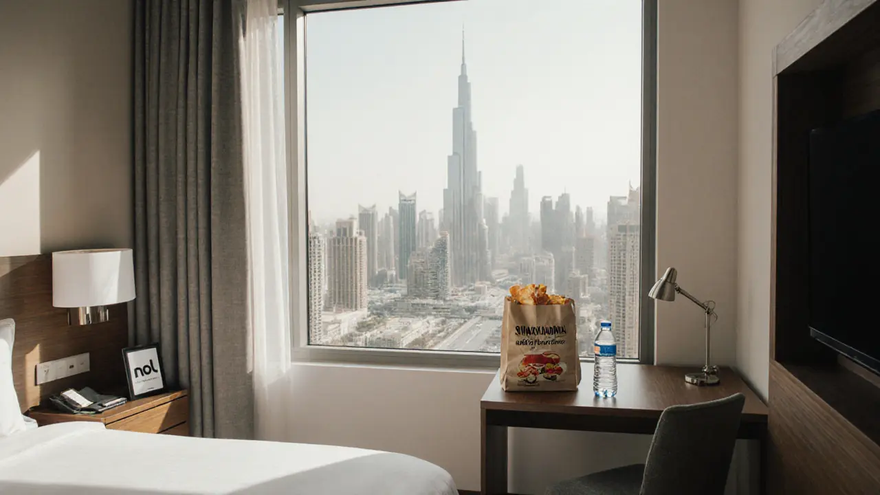 Traveler's hotel room in Downtown Dubai with view of Burj Khalifa and street food