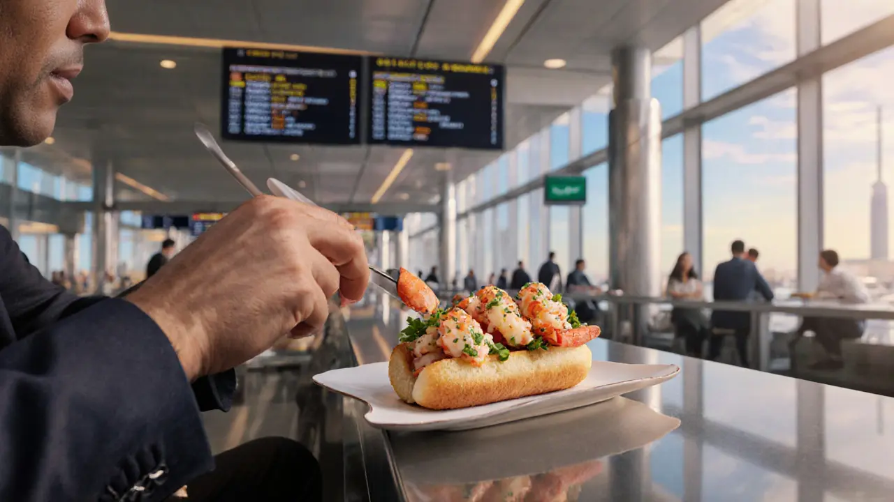 Traveler eating a Michelin-starred lobster roll at Dubai Airport’s Plane Food restaurant.
