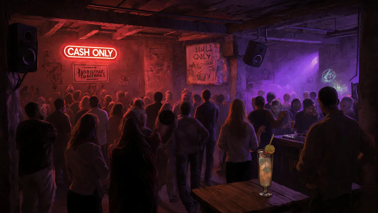 Underground club The Warehouse in Al Quoz with dim lighting and diverse crowd enjoying live music.