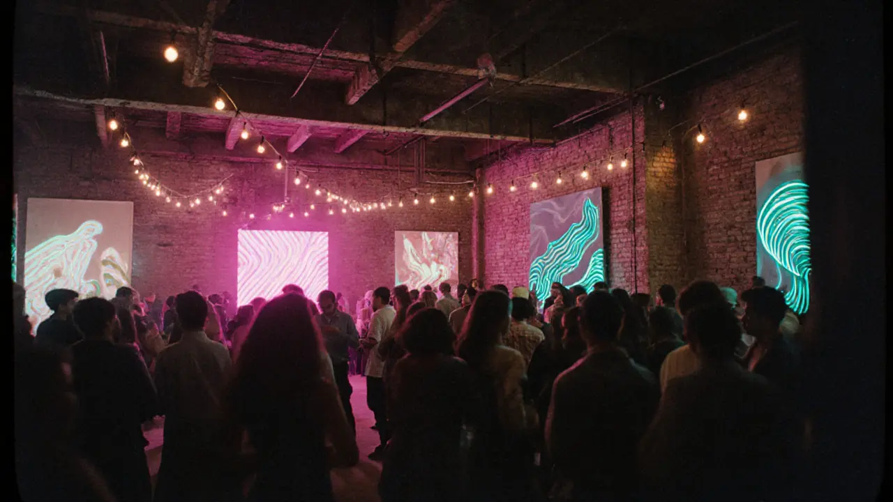Underground music venue in an industrial warehouse with neon lights and art installations.