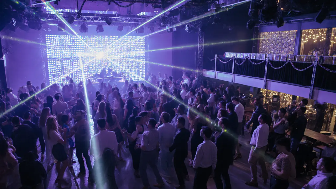 Vibrant nightclub scene with dancing crowd, neon lights, and DJ booth in Dubai Marina.