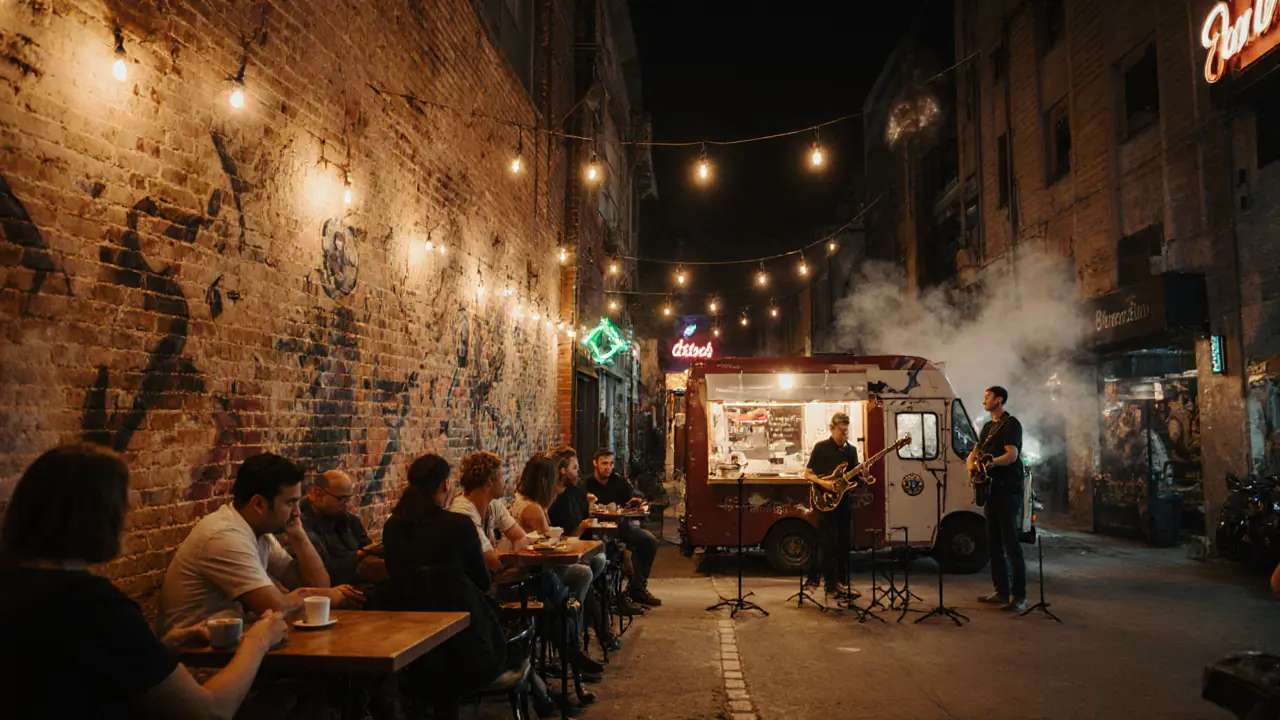 Vibrant street art and jazz musicians at Alserkal Avenue during a lively Friday evening.