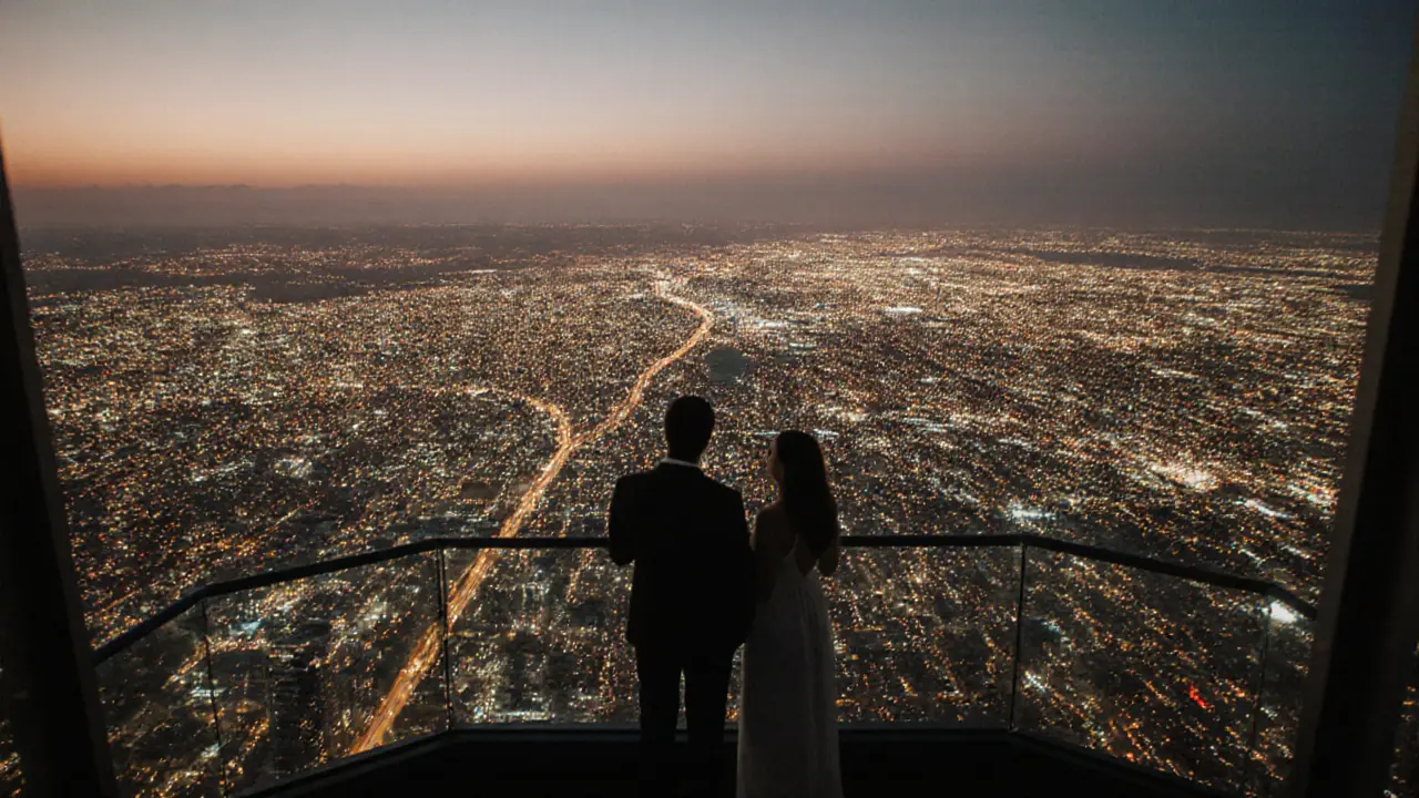 View from Burj Khalifa’s top observation deck at twilight, city lights below.