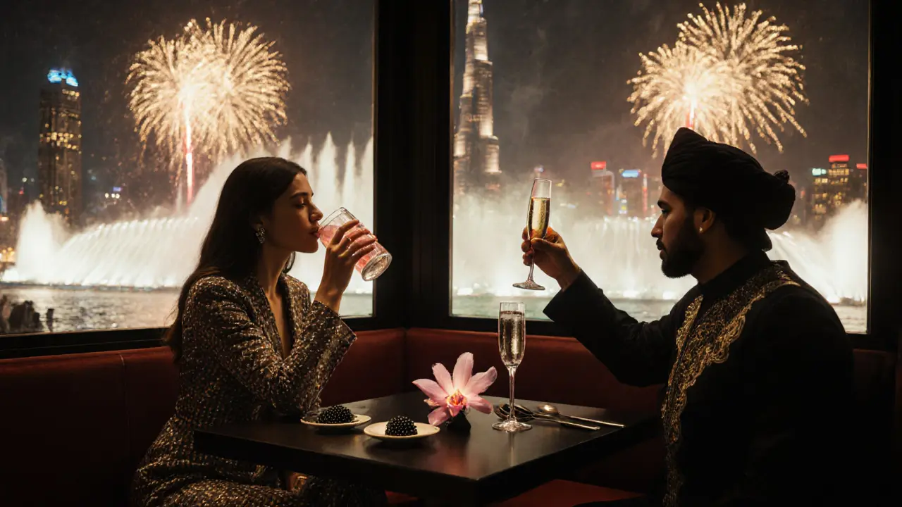 VIP booth at Cavalli Club with fireworks reflecting in windows, guests in luxury attire holding cocktails.