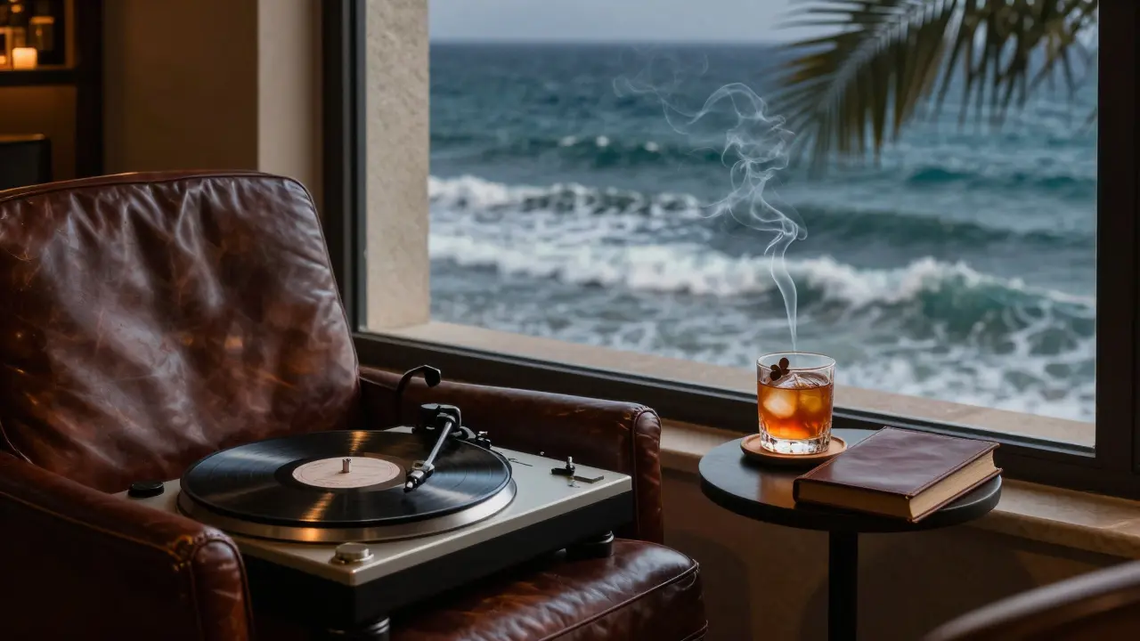 A cozy armchair at The Library Bar with a vintage turntable, a cocktail, and a book, ocean waves visible through the window under warm light.