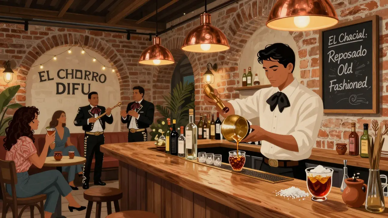 A cozy hidden lounge where a bartender prepares a reposado old fashioned with smoked sea salt and maple syrup, mariachi music in the background.