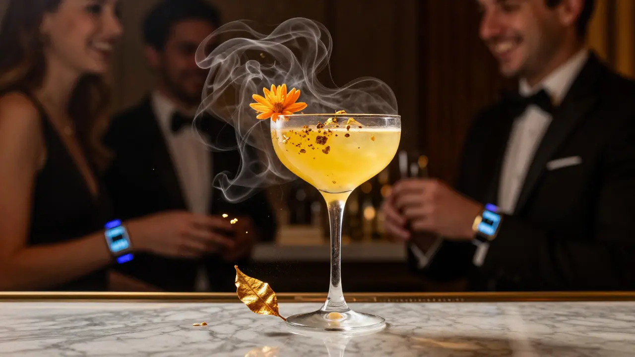 A glowing golden cocktail floats above a marble bar, with edible gold flakes and mist, while blurred guests celebrate in the background.