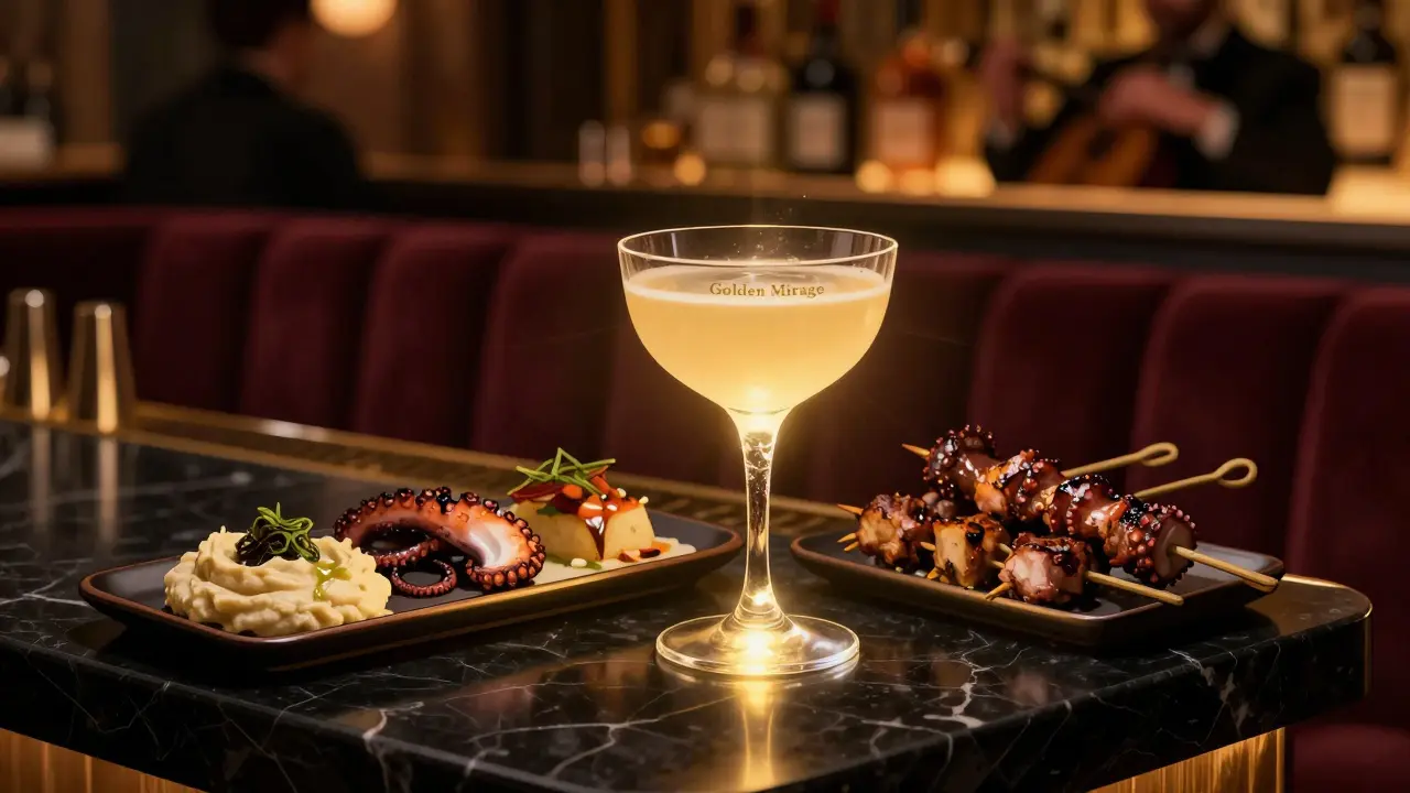 A glowing hand-blown cocktail glass beside gourmet small plates on a black marble bar, golden light radiating softly.