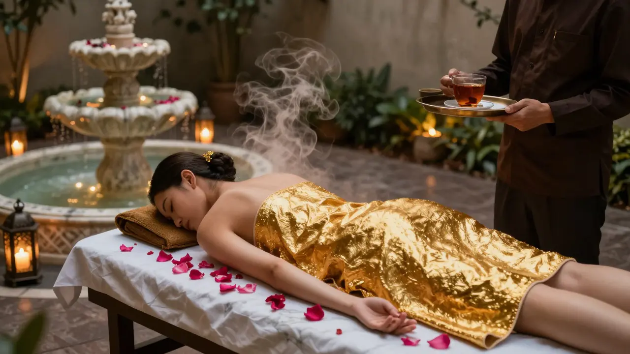 A guest is wrapped in gold leaf during a spa ritual, surrounded by rose petals and soft lantern light.