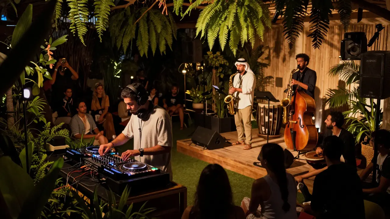 A live electronic music performance with saxophone and bass at Soho Garden, surrounded by greenery and a relaxed crowd.