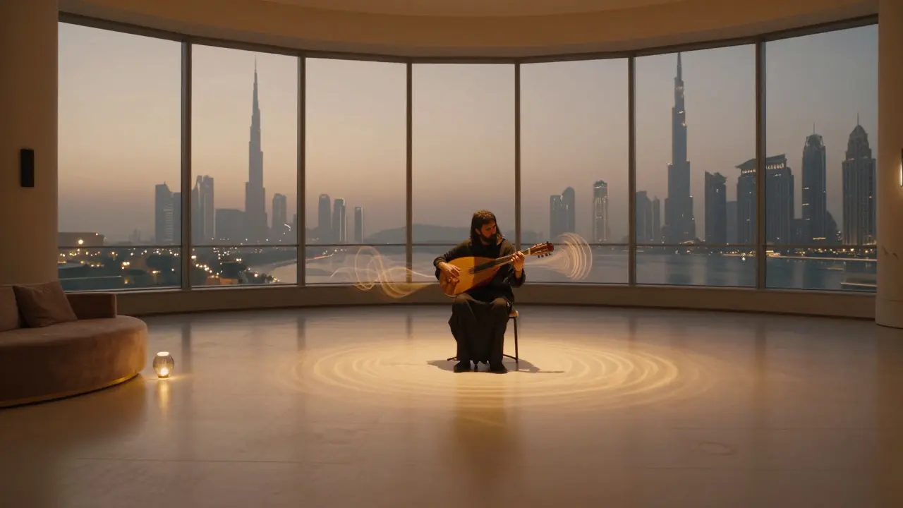 A lone oud player in amber light at dawn, sound waves rippling through empty nightclub as Burj Khalifa fades in the distance.