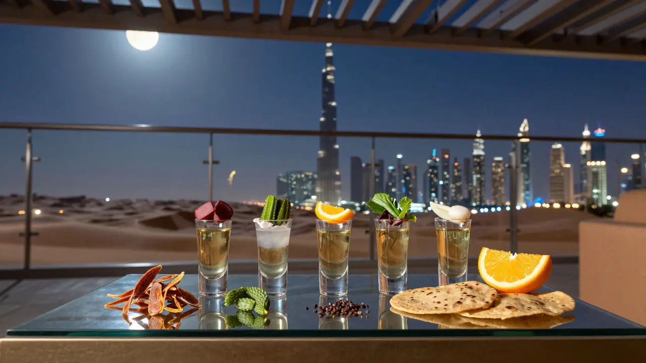 A luxury rooftop tasting with tequila flights paired with Mexican delicacies, overlooking Dubai’s skyline at night.