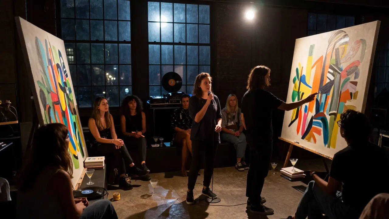 A midnight art and music session with a painter creating a canvas, a poet speaking, and listeners in quiet contemplation.