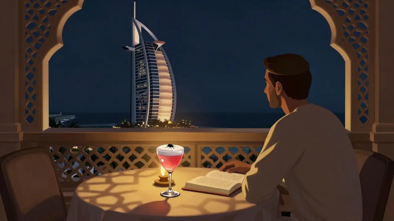 A quiet table at Al Muntaha with candlelight reflecting on a cocktail and a book, overlooking the glowing Arabian Gulf under a dark sky.