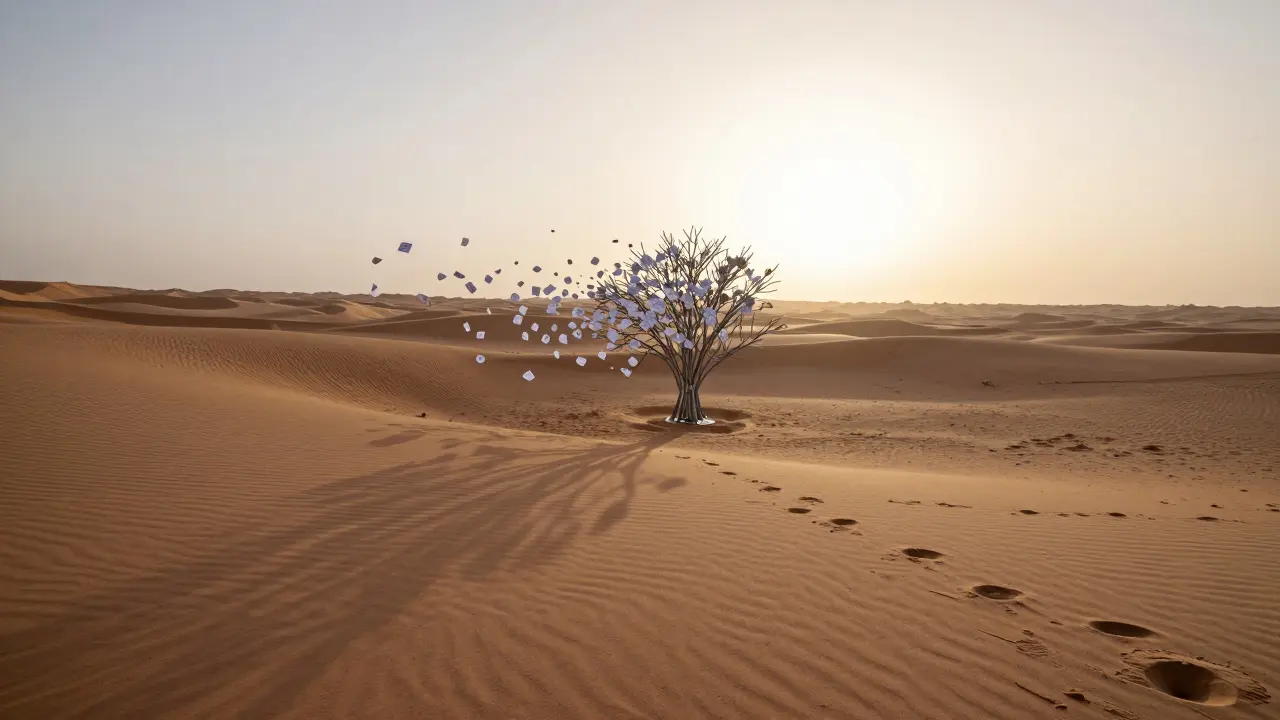 A solitary steel wish tree in the Empty Quarter desert, with fluttering notes under a rising sun, surrounded by endless dunes.