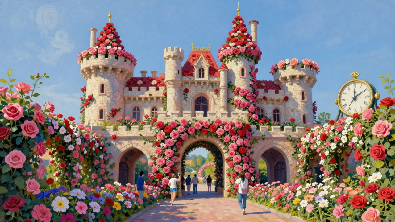 A towering floral castle made of over a million roses, with visitors walking beneath it under a bright blue sky.