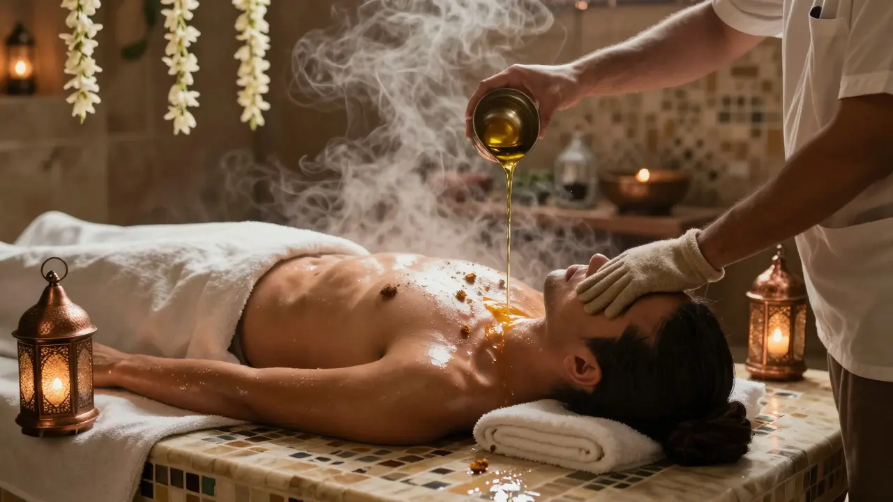 A traditional Arabic Hammam ritual with steam, marble, and herbal oil being poured over a client.