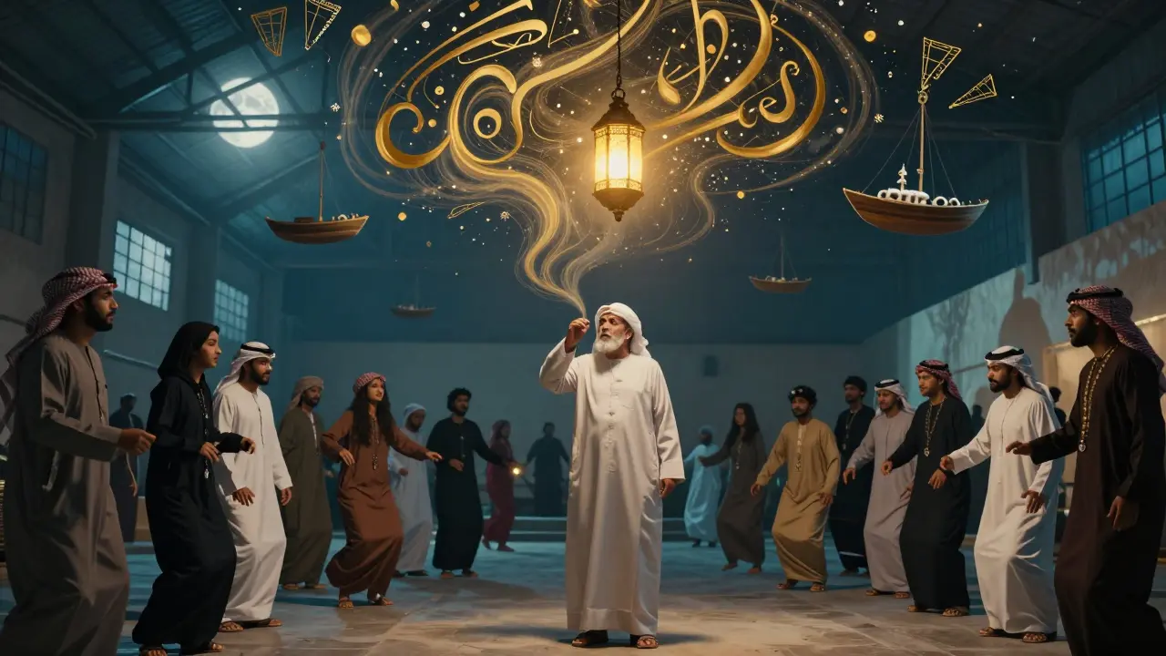 An elder storyteller's voice visualized as golden patterns above a crowd of teens breakdancing in traditional clothing.