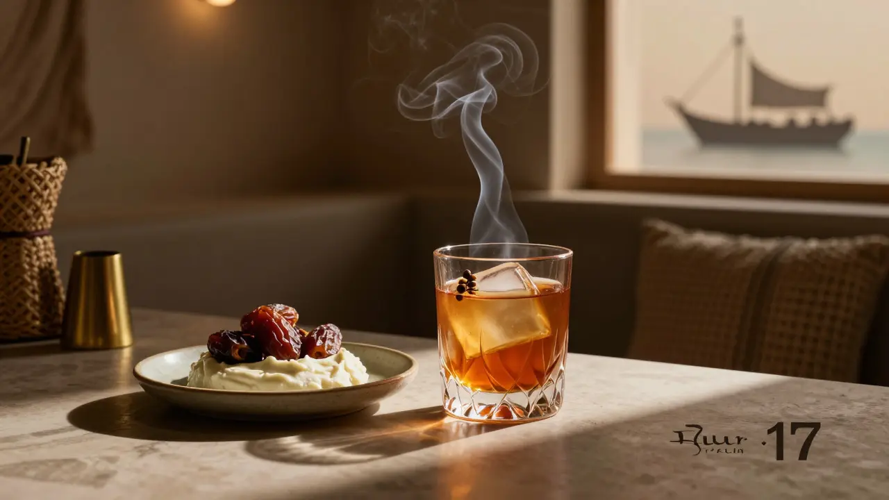 An intimate bar scene with a bartender serving a spiced drink beside Emirati dates and warm ambient lighting.