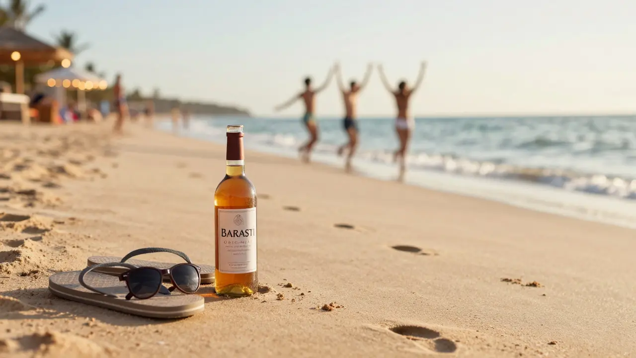 Barasti drink bottle on sand beside flip-flops, footprints leading to ocean with distant party lights.
