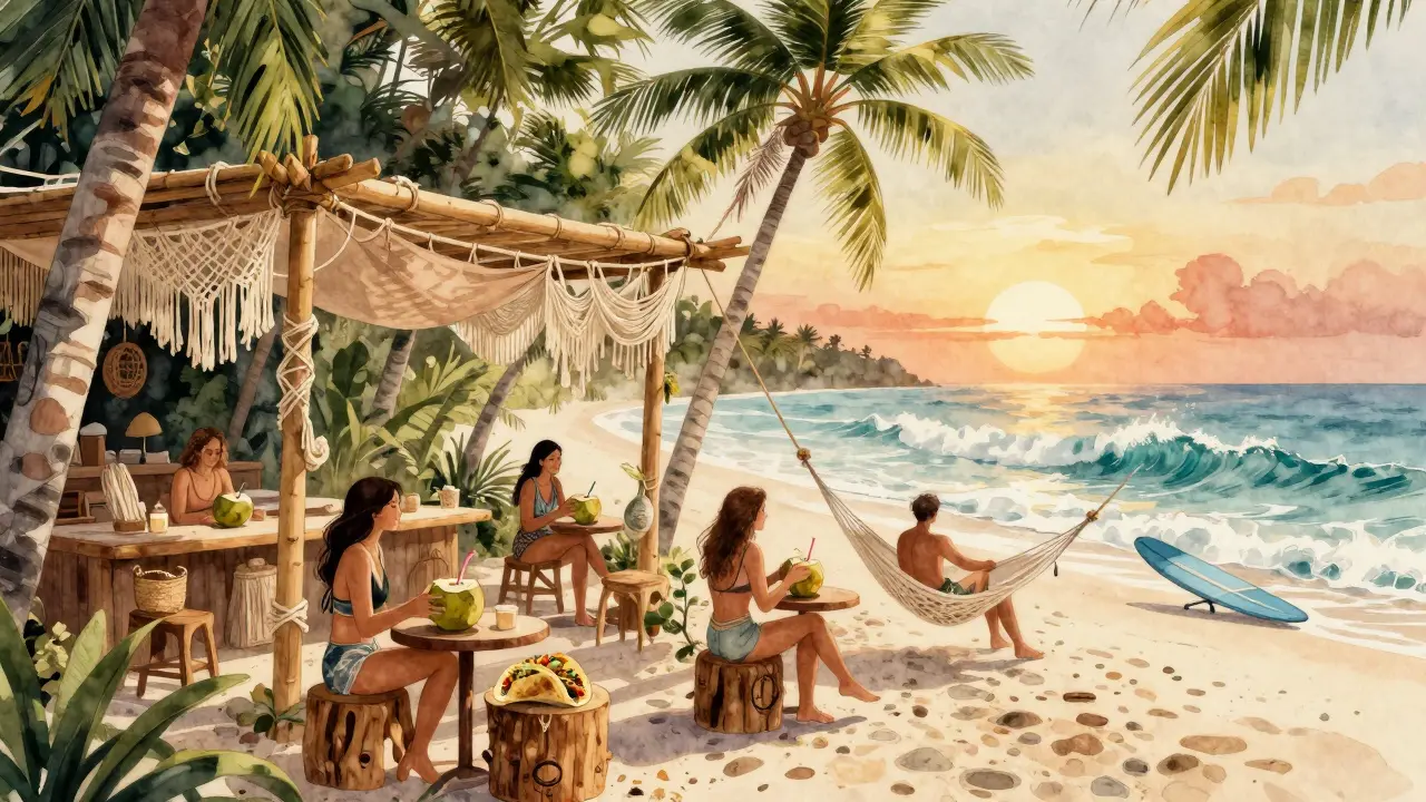 Boho-chic Tulum beach club with bamboo cabanas, hammocks, and guests enjoying coconut water at sunset.