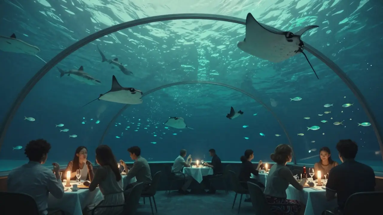 Couples dine in quiet luxury beneath the sea, surrounded by marine life in a glowing acrylic tunnel.