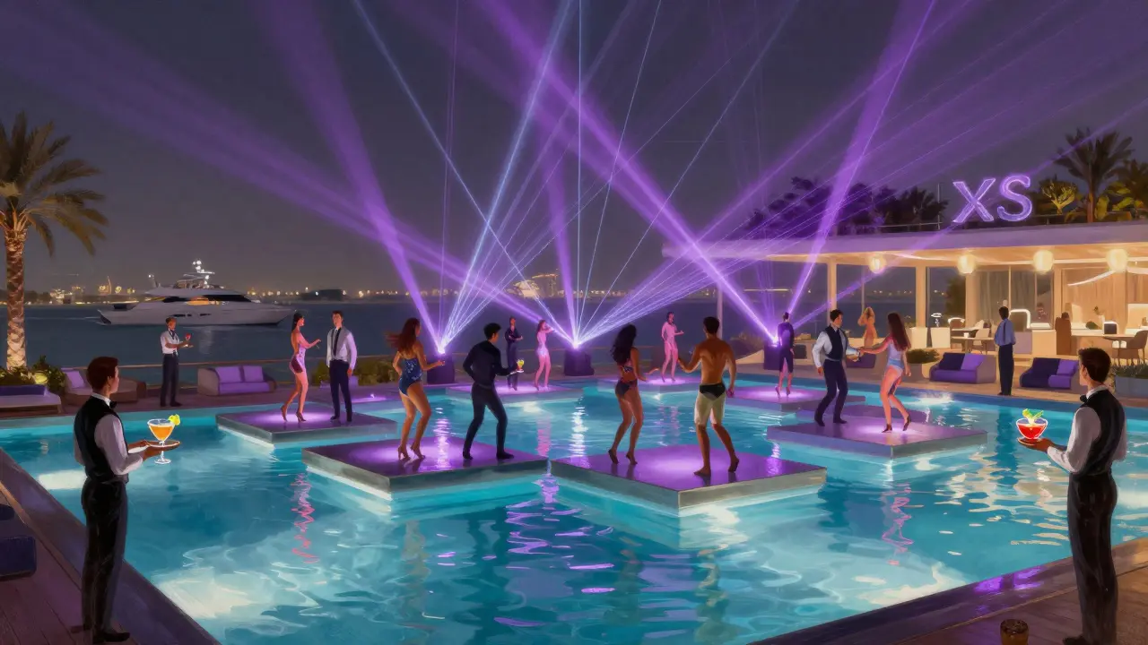 Dancers on floating platforms above a pool at XS Dubai under colorful laser lights.