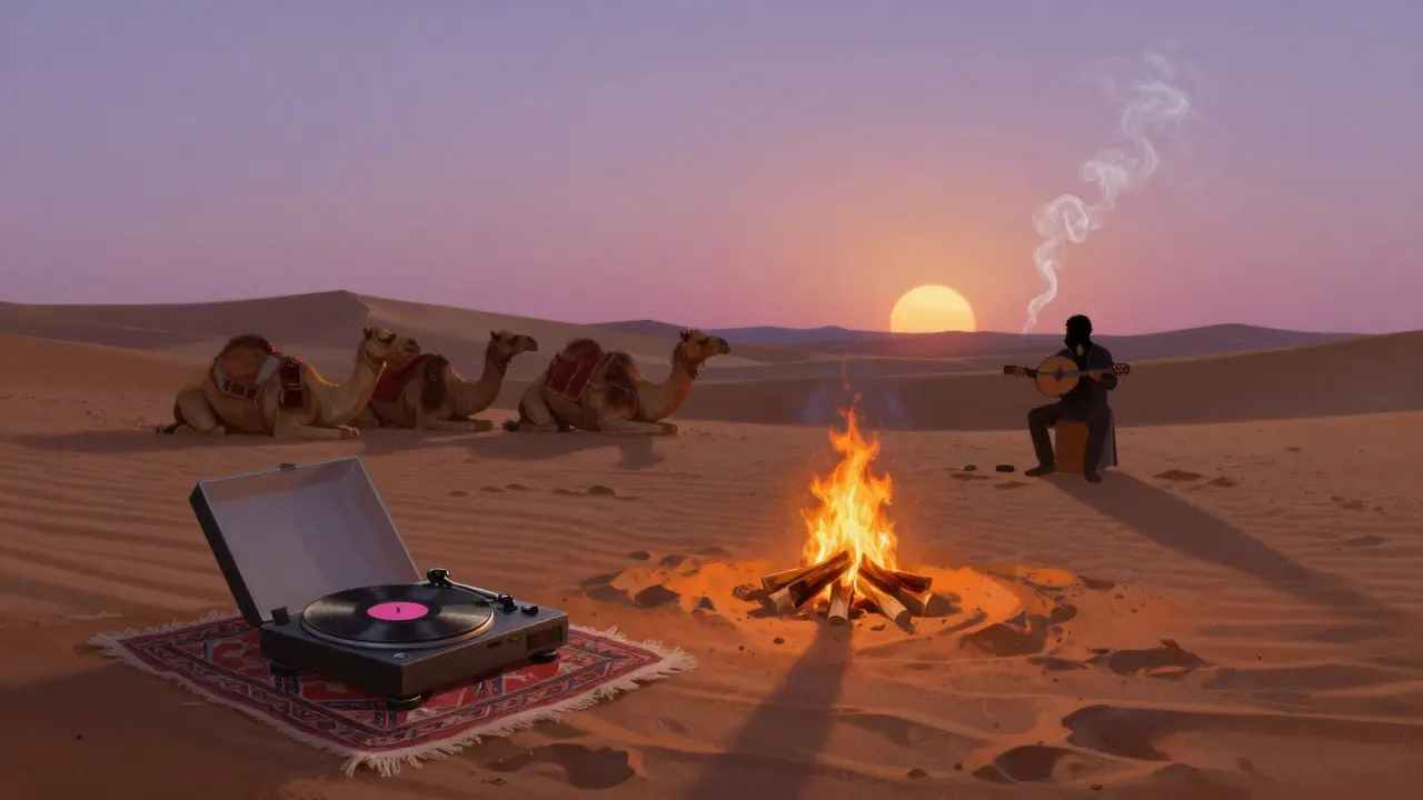 Desert camp at sunrise with campfires, a vinyl turntable, and sleeping camels under a pink sky.