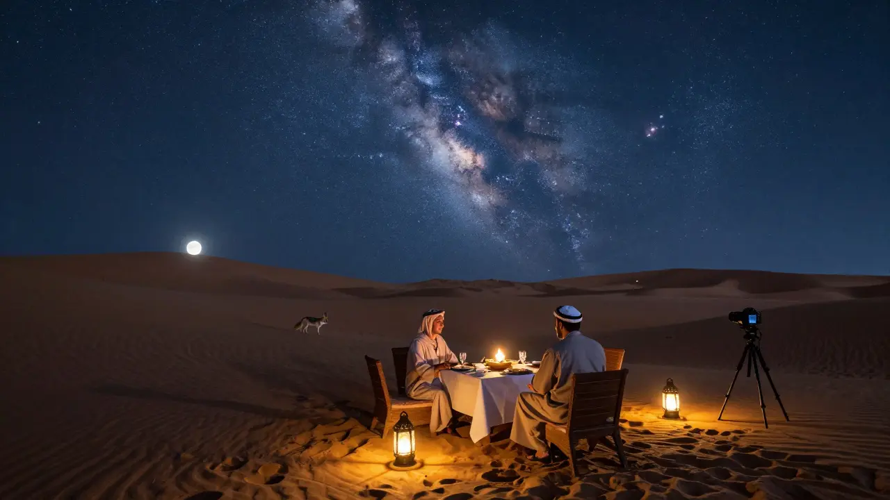 Desert dinner under the Milky Way with lanterns, fire pits, and a silhouetted fox.