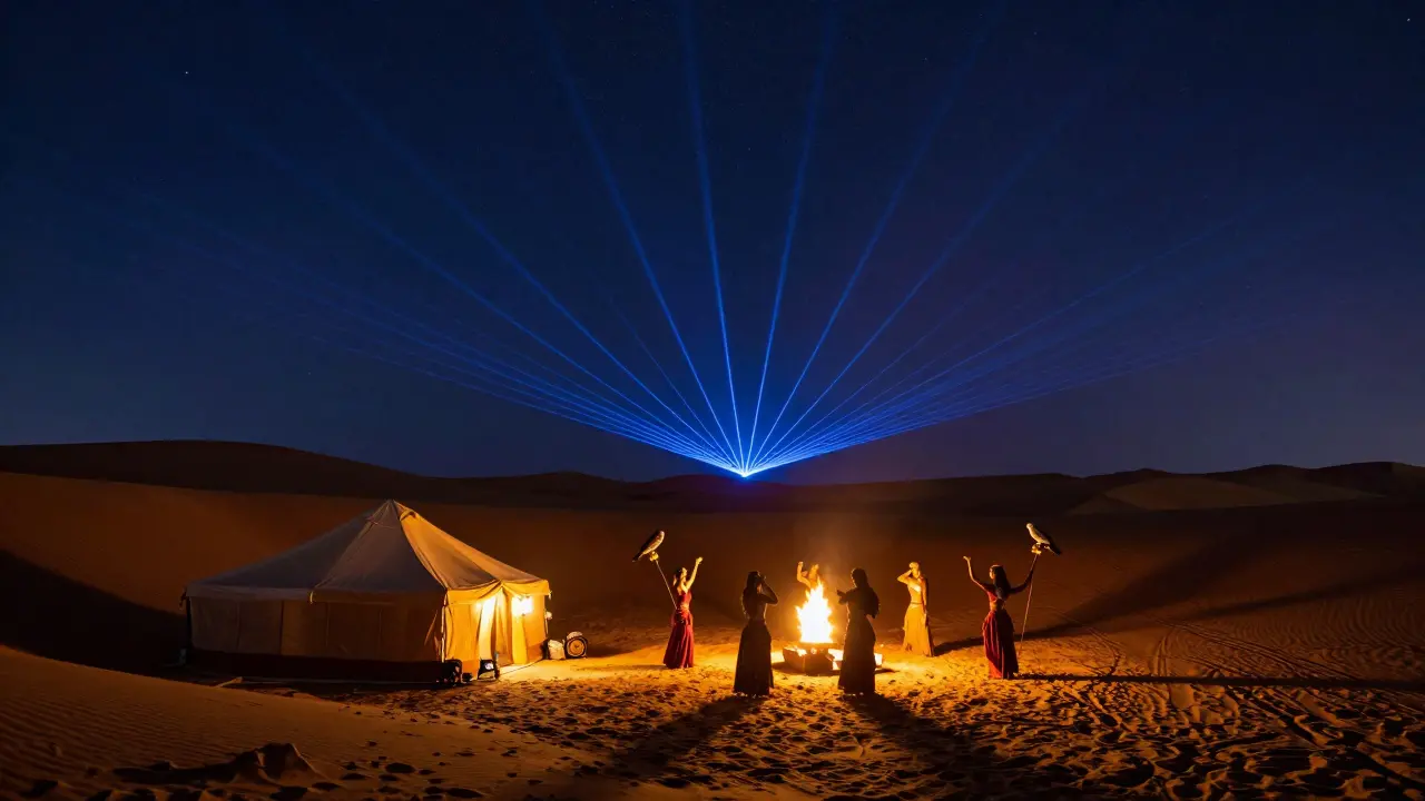 Desert night safari with tent lights, belly dancers, falcons, and laser beams above the dunes.