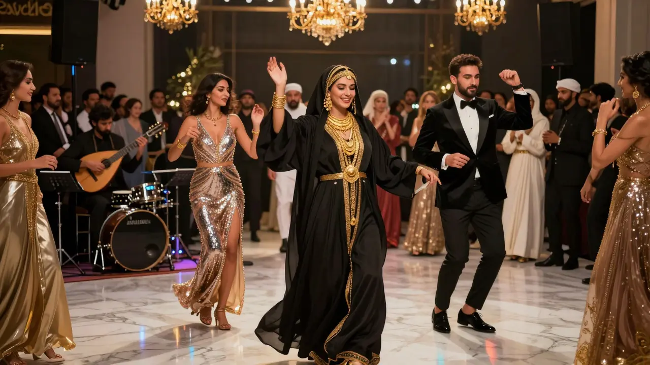 Diverse group of elegantly dressed people dancing together at a high-end club, blending Emirati and global fashion under golden ambient lighting.