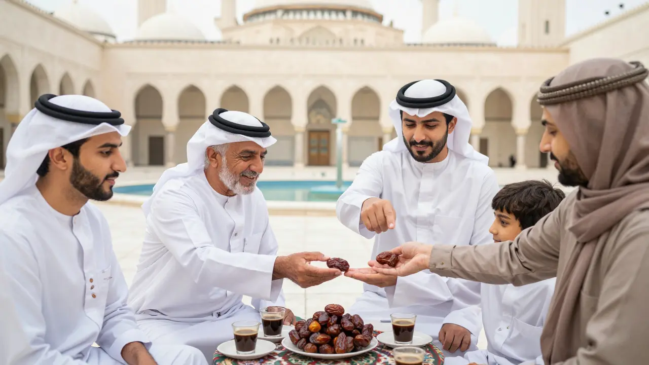 Diverse group sharing dates and coffee in the mosque courtyard, symbolizing cultural connection and hospitality.
