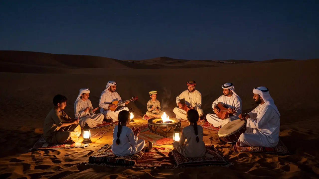 Families gathered under lanterns in the desert at night, listening to traditional Emirati music performed by a female ensemble.