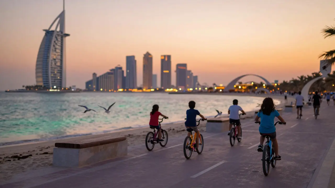 Family biking along the Palm Jumeirah Boardwalk at sunset with calm ocean and golden sky.