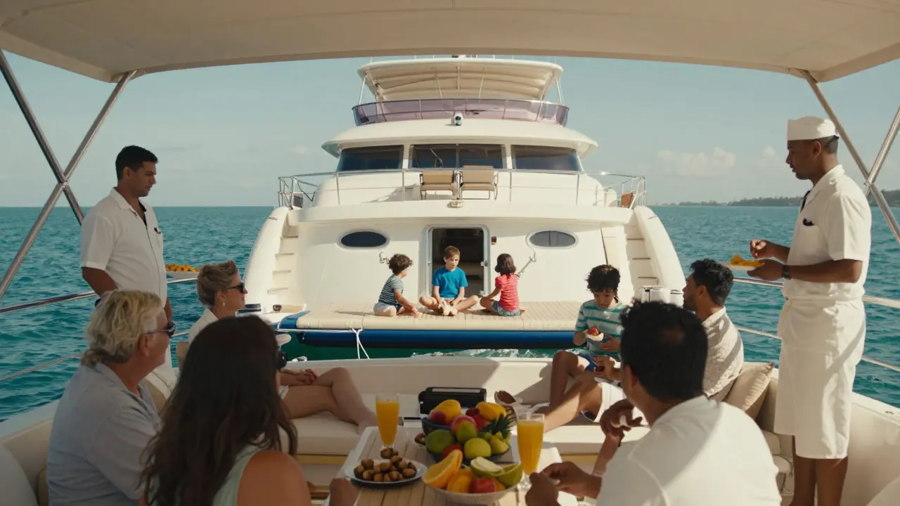 Family enjoying a daytime yacht party with children on a floating raft and parents relaxing under shade.