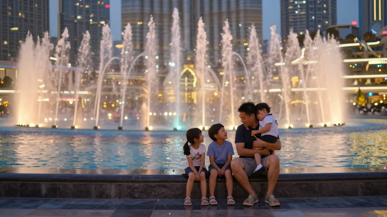 Family watching the colorful fountain show at Dubai Mall as water jets dance in the evening light.