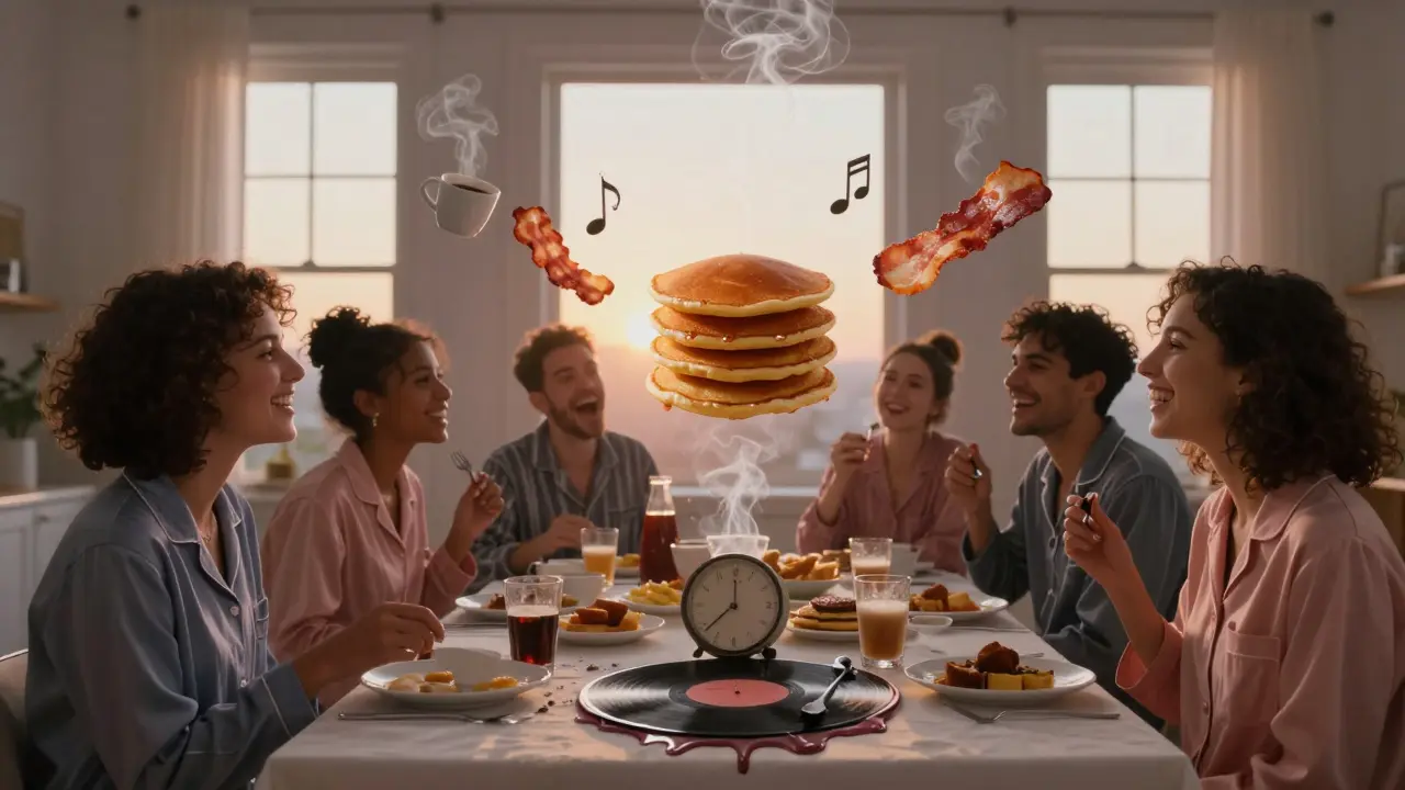 Floating pancakes and coffee steam forming music notes at a surreal midnight breakfast gathering.
