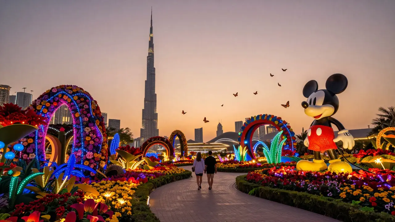 Floral sculptures glowing under colored lights at sunset in Dubai Miracle Garden, with a couple walking through the illuminated maze.