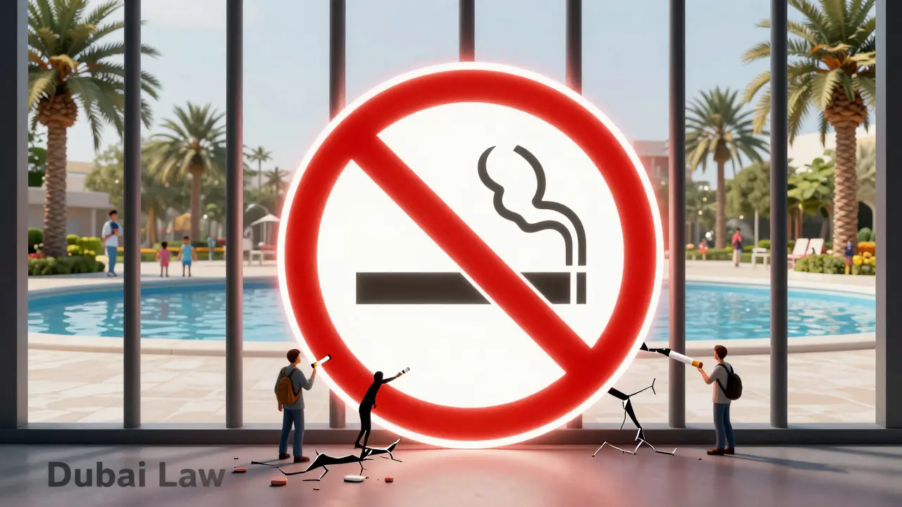 Glowing no smoking symbol breaking apart as clean public spaces emerge behind it.