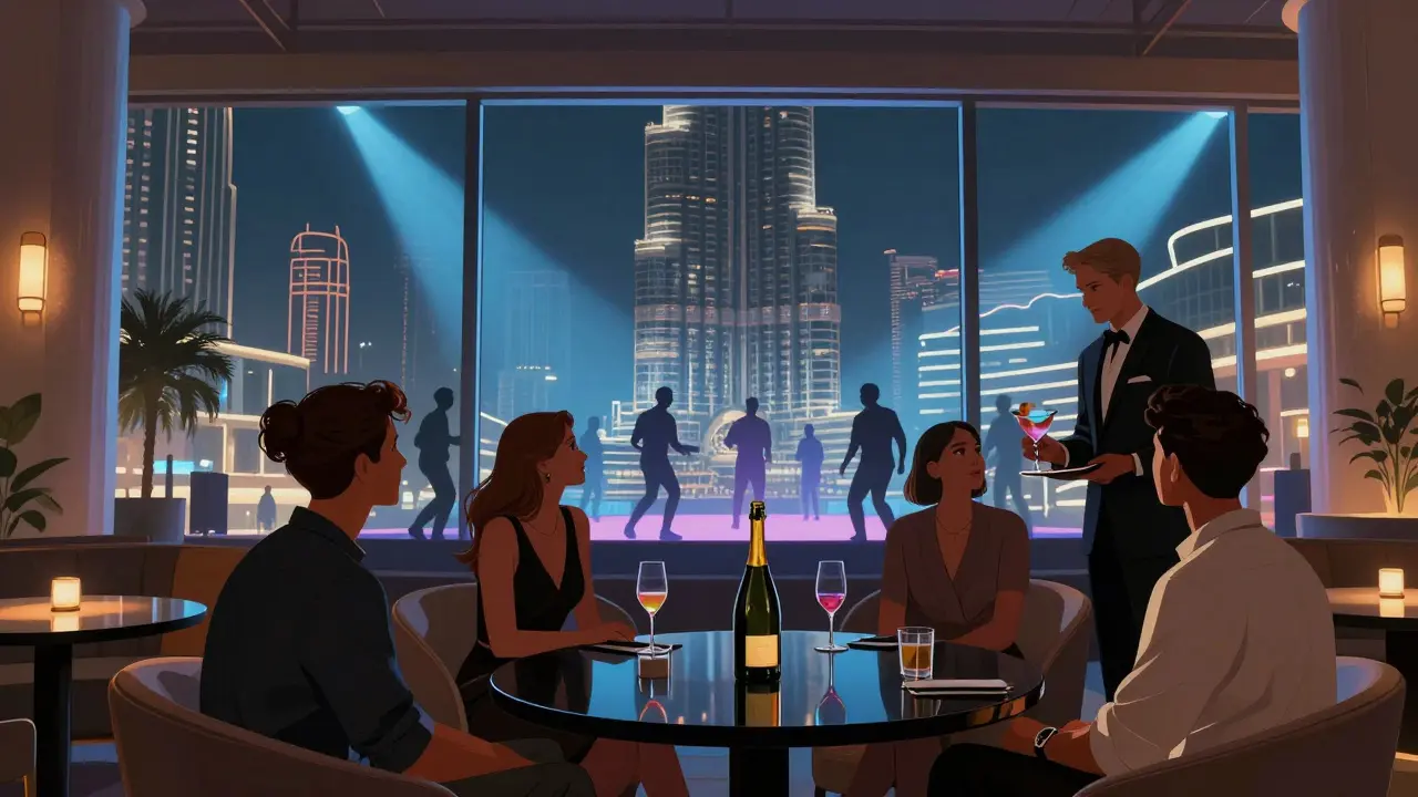 Group enjoying VIP table at BASE Dubai with champagne and view of the dance floor.