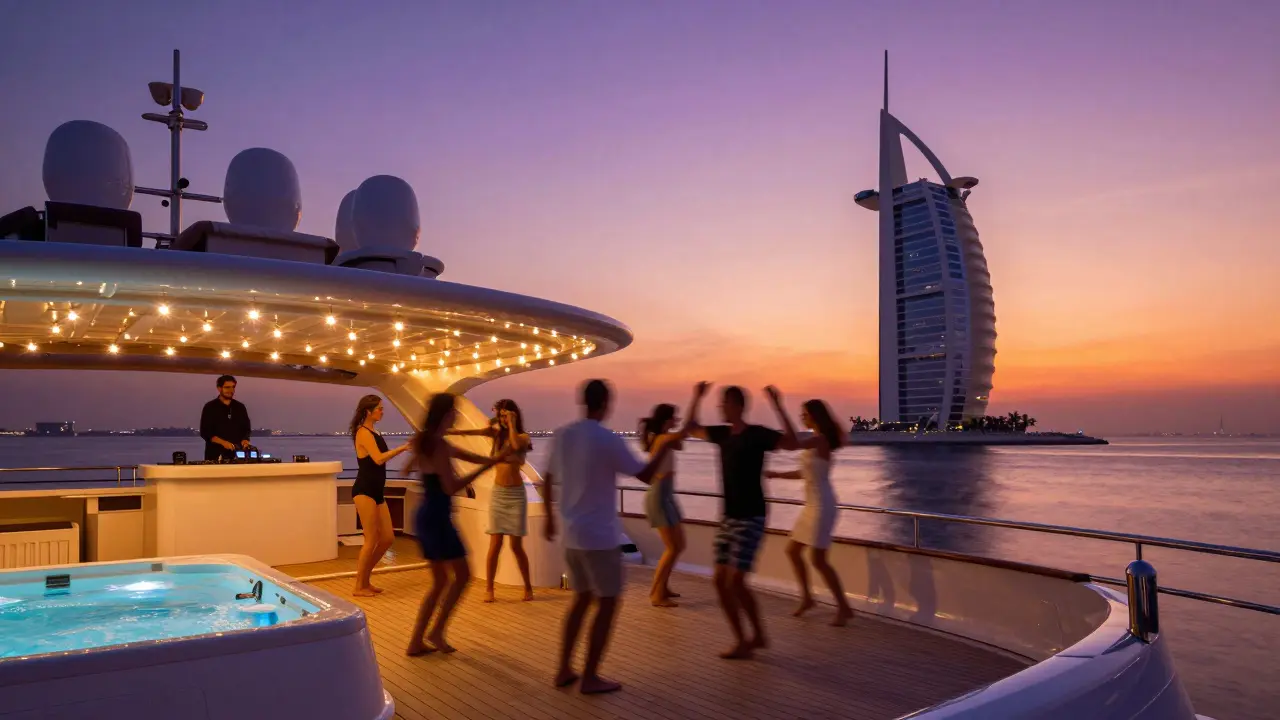 Guests dancing on a superyacht deck at sunset under string lights, with Palm Jumeirah in the background.