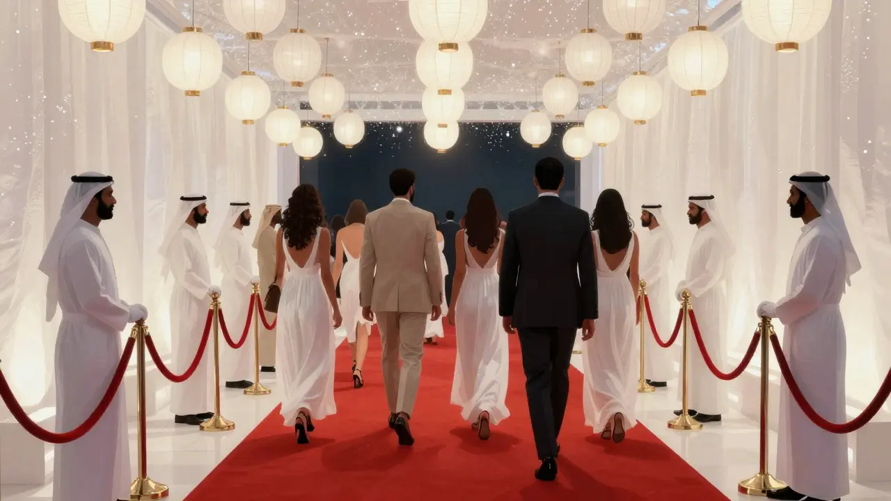 Guests stepping through a velvet rope entrance at White Dubai, illuminated by white lanterns and glowing walls.