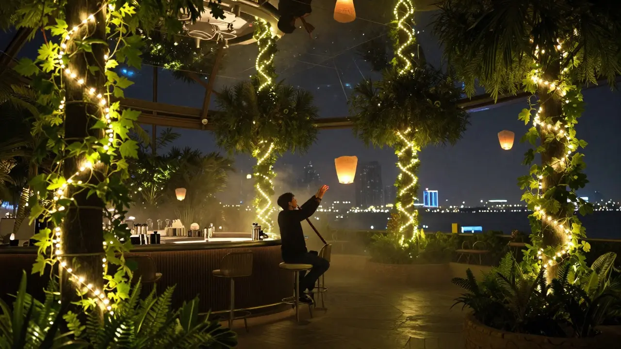 Hidden garden bar with glowing vines and floating paper lanterns under a mirrored starry ceiling.