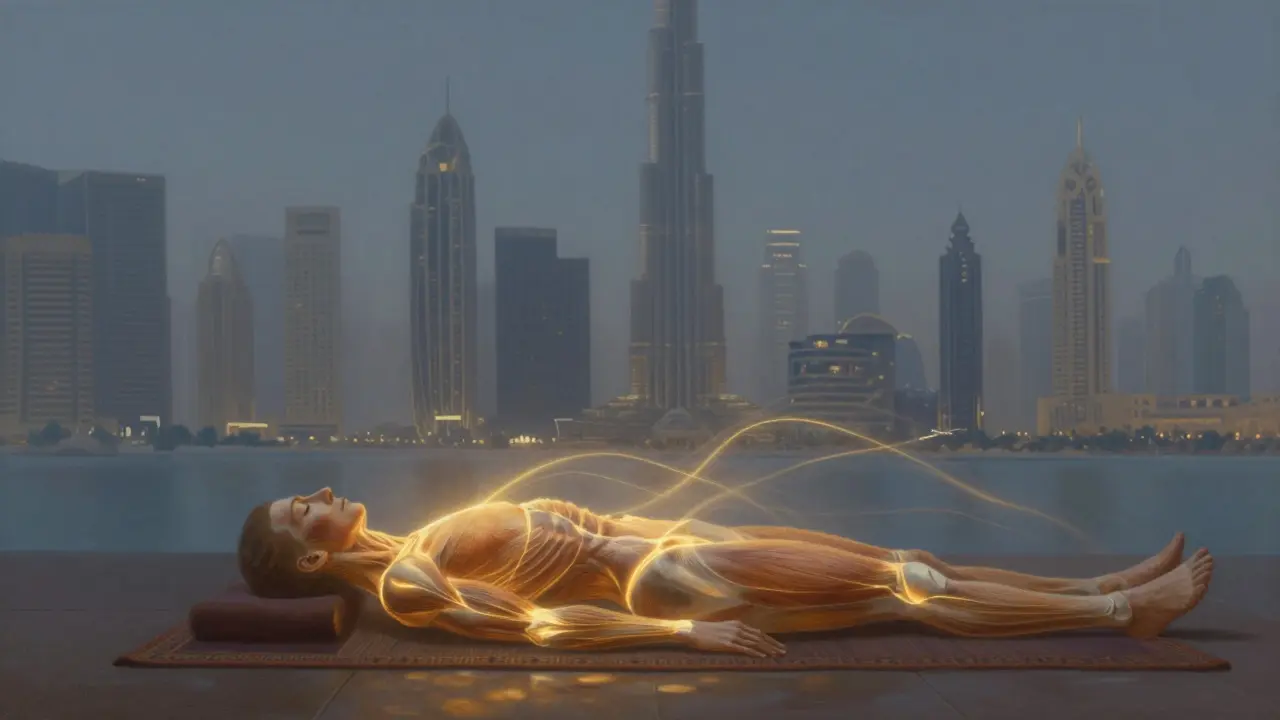 Human body with glowing energy lines dissolving into calm waves against Dubai’s skyline, symbolizing stress relief through Thai massage.