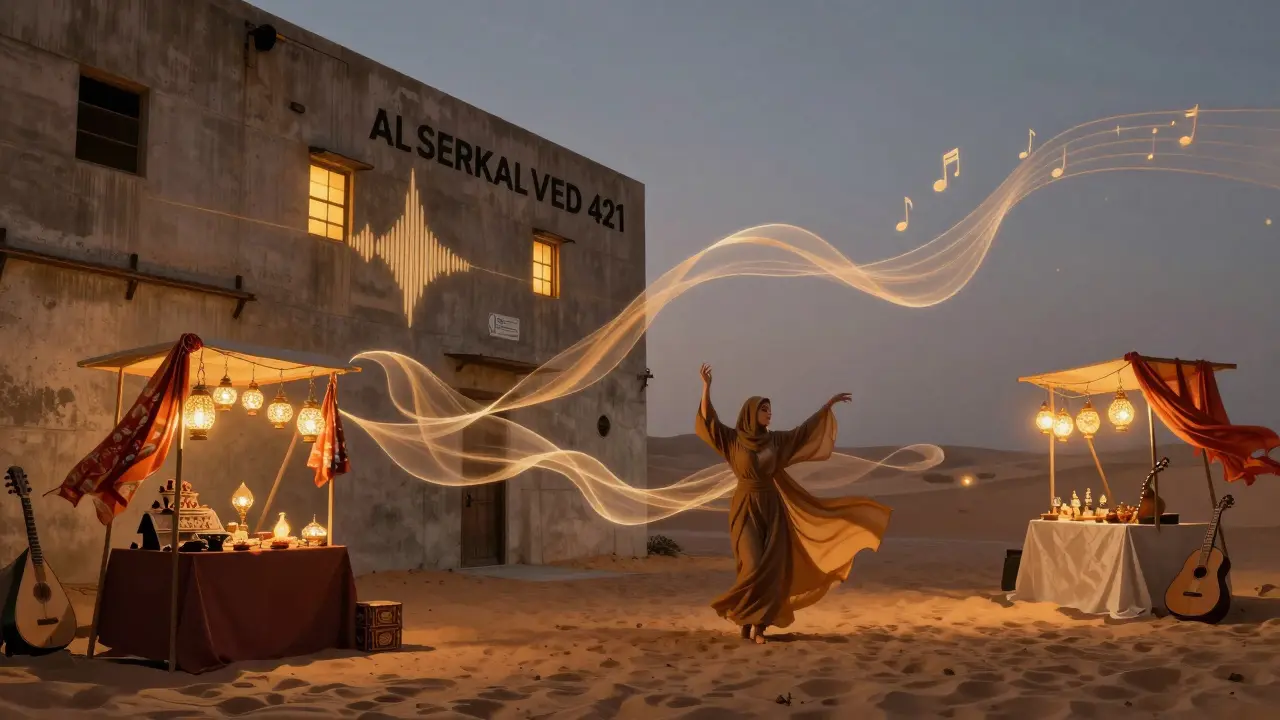 Industrial courtyard transformed into a sensory night space with lanterns, dancers, and traditional music.